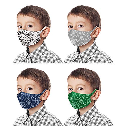 Kids Reusable Washable Face Bandanas Protective Covering For Children 4 Pieces Set (Paisley 4 Set WH, GR, BL, GN)