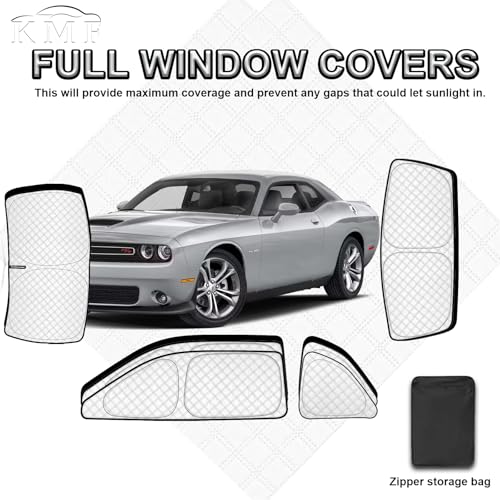 Image of KMF 6pcs Thicken Full Sun Shades for Dodge Challenger 2015-2023 Accessories,Car Window Covers Sunshade for Windshield Side Rear, UV Block Visor Privacy for Car Camping with Storage Bag