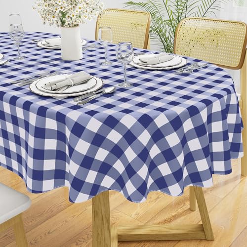 Image of misaya Oval Waterproof Vinyl Table Cloth, Buffalo Flannel Backed Tablecloth, Wipeable Plastic Table Cover for Dinner, Kitchen, Outdoor (60 inch x 102 inch, White and Navy)