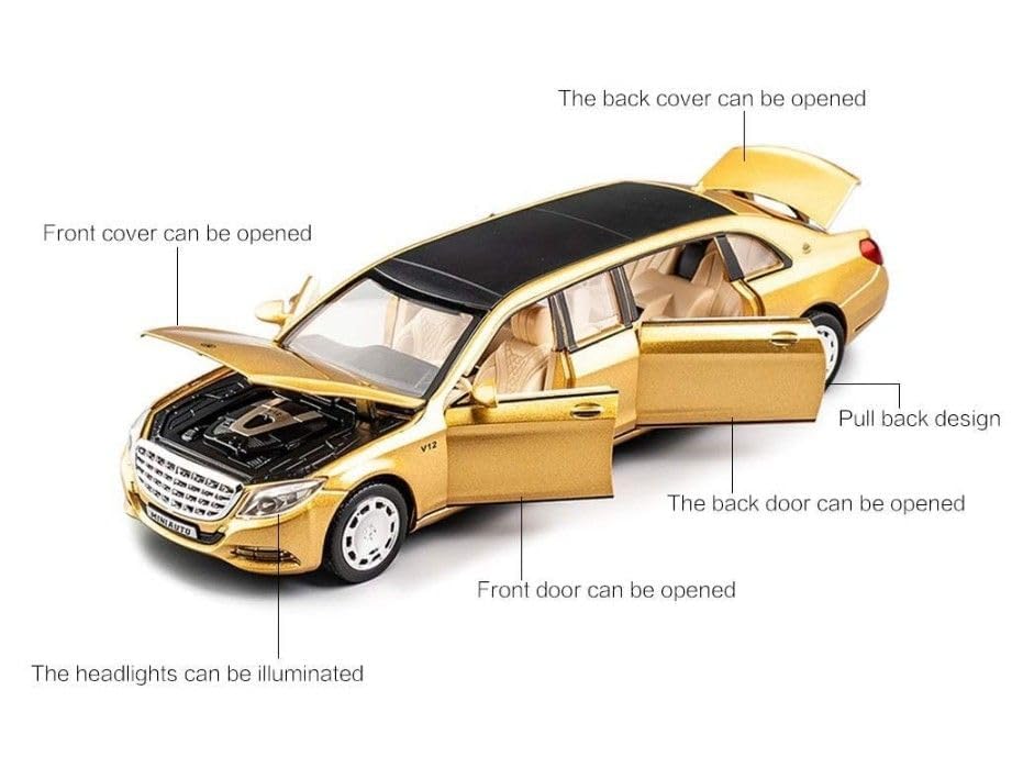 Image of 1:32 Scale Mercedes Maybach S600 Limousine Toy Car | Metal Pullback Diecast Car for Kids with Openable Doors, Sound, Light Effects Toy for Car (Color As Per Available),black