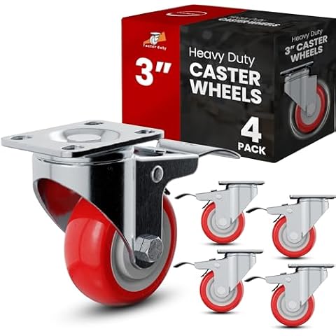 4 Pack Caster Wheels with Brake On Red Polyurethane Wheels Cover