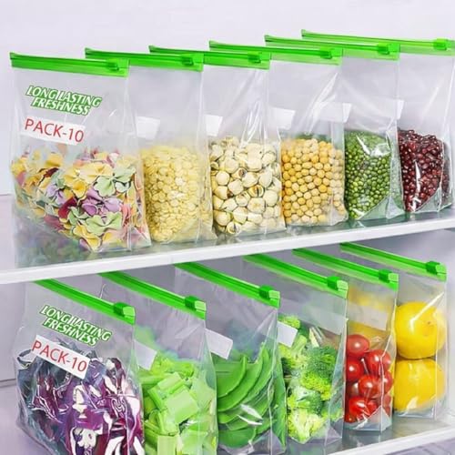 Image of Plastic Zip Lock Reusable Slider Zipper Transparent Bag For Food Storage,Fruit Vegetable Freeze Storage Pouch Bags, Ziplock Bags Best For Fridge Storage 9 x 10 inch (10, Green)