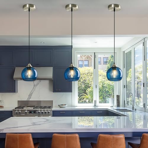 Image of Blue Glass Pendant Lights Kitchen Island Lighting Globe Pendant Light Fixtures Modern Pendant Lighting for Kitchen Island Bedroom Living Dining Room Light Fixture(5.9in, 1-Pack)