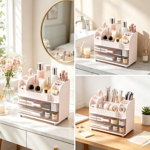 Image of Makeup Organizer with Drawers for Vanity,Bathroom Countertop Organizer with Brushes Holder,Skincare Storage Organizer for Lipsticks,Nail Polishes, Perfumes,Eyeshadow Palettes (Pink)