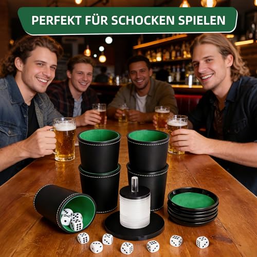 Schocken Set, Komplett mit 5 Würfelbecher Leder mit Deckel, 25 Würfeln, Schockbesteck mit 14 Acryl-Scheiben und Ständer, Schocken Würfelspiel Set für Jule Meiern Maxen Mörkeln