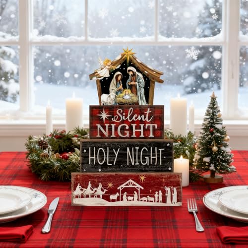 Image of Moucuny 4 Pcs Christmas Table Decor Wooden Christian Religious Decoration Nativity Scene Centerpiece Holy Night Tiered Tray Decor Red and Black Buffalo Plaid Block Signs Xmas Decoration for Kitchen