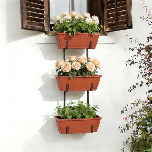 OYEAL Railing Planter Box Window Boxes Planters with Adjustable Brackets Balcony Fence Hanging Flower Planters for Patio, Deck, Porch Railing, Brick Red