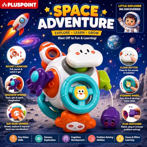 Image of PLUSPOINT Activity Busy Cube for Toddlers | Sensory Learning Toy for 18 Months+ Babies | Travel Plane & Car Activities | Educational Montessori Toy for Boys & Girls Age 2-3 Years | Birthday Gift