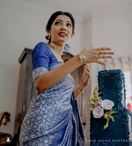 Image of Flosive Women's Present Banarasi Soft Lichi Silk Saree Beautiful Jacquard Rich Pallu Design Work Zari Woven Ayn Kanjivaram Silk Style Saree With Soft Lichi Silk Blouse Piece (Blue)