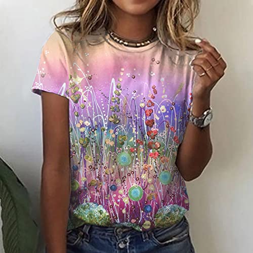 Blusa Lounge para meninas adolescentes 2023 manga curta gola canoa algodão estampa floral Q6, Roxa,