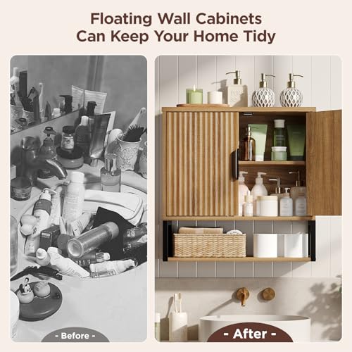 Image of FiveWillowise Fluted Bathroom Wall Storage Cabinet with Open Shelf, Floating Wall Mounted Medicine Cabinet with Adjustable Shelves, Over The Toilet for Bathroom, Laundry Room, Kitchen, Natural Oak