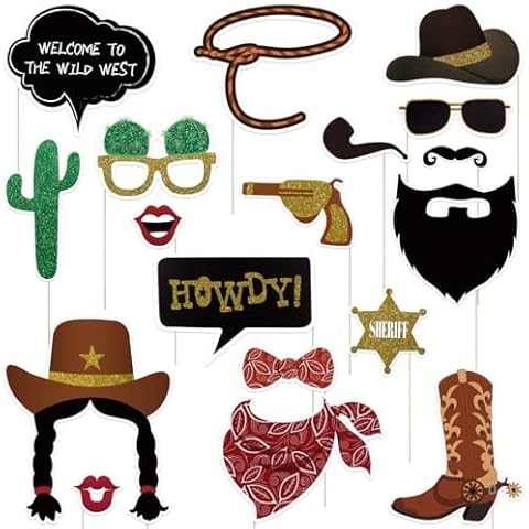 Tinksky 18 Pack Cowboy Photo Booth Props Western Photo Booth Sign Party Decoration Accessory with Bamboo Sticks for Birthdays,Cowgirl Party Supplies Cover