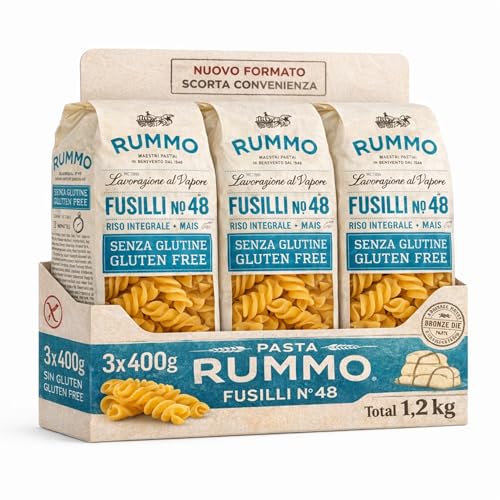 Pasta Rummo Fusilli SIN Gluten Nº48 400g, Pasta Italiana, Pasta alimenticia de sémola de trigo duro, Sin gluten a base de arroz y maíz, Tiempo de cocción 13 minutos, 3 Paquetes de 400 gr