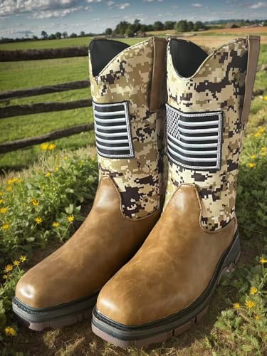 YXCFEWD Cowboy Boots for Men, Slip on Square Toe Boots, Slip Resistant Boots Chunky Heel, Sport Patriot Western Men's Boot3