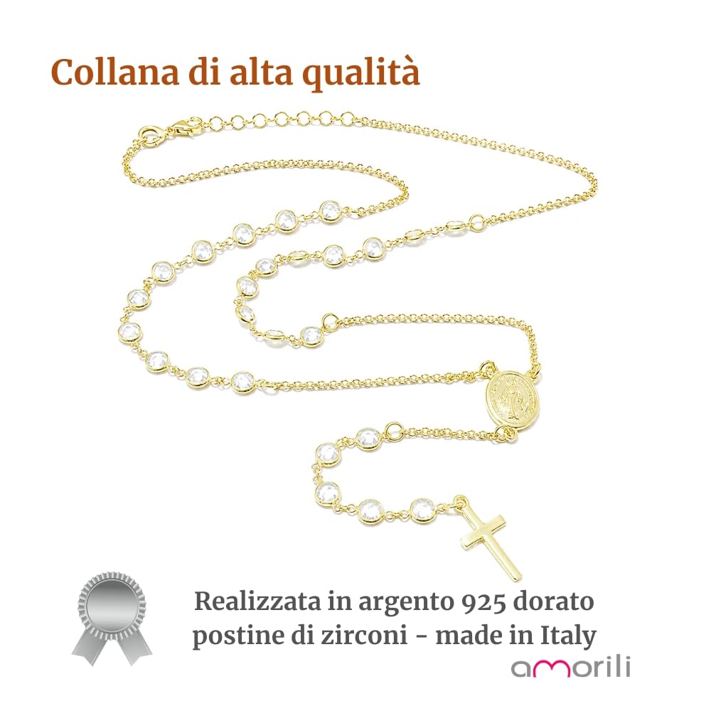 Collana Rosario Donna in Argento 925 Dorato con Postine di Zirconi Bianchi – Gioiello Religioso Cattolico Cristiano con Croce e Medaglia Miracolosa – Simbolo di Fede Elegante cll0827