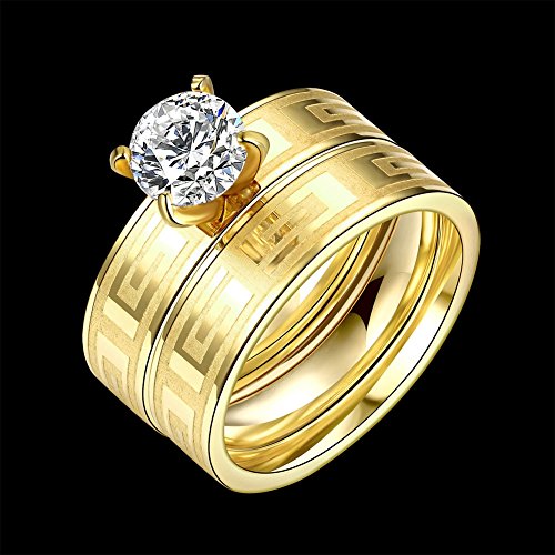 LZD Stainless Steel Bridal Engagement Set Ring Yellow Gold AAA Zirconia Women B4402