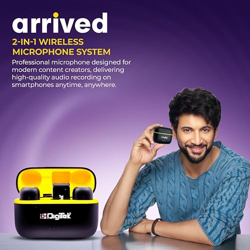 Image of Digitek DWM 103 Mini 2-in-1 Wireless Microphone, 2.4G Wireless Mic, 40m Range, 6Hr Battery, Noise Reduction, for iOS & Android Smartphone, Ideal for Live Interviews Meetings, Vlogging Live, Streaming