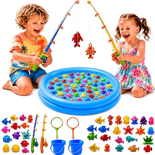 Jeu de Pêche à la Ligne Magnétique XXL 59 Pcs avec Pataugeoire - Jouet d'eau & Piscine pour Enfant 3 4 5 Ans - Set Complet pour Jardin, Plage & Bain...