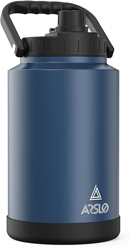 Arslo Jarra de agua grande aislada con asa, botella de agua aislada de un galón, botella de agua de acero inoxidable de un galón, azul oscuro, 128 oz