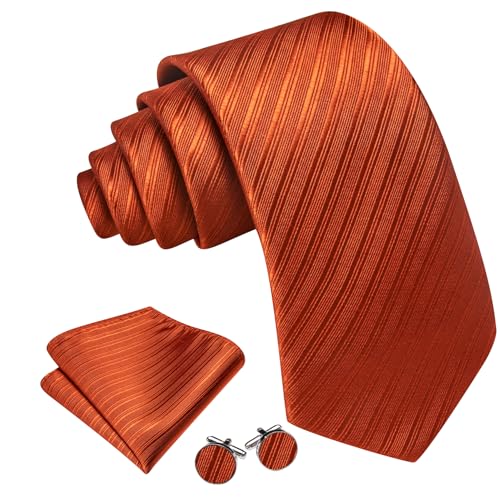 Image of Barry.Wang Solid Striped Tie for Men Silk Necktie Pocket Square Cufflinks Formal Wedding Party Business