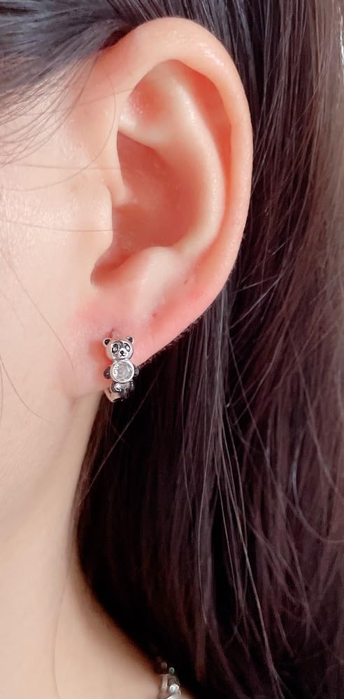 Tiny Panda CZ Cartilage Small Hoop Earrings for Women Little Cute Sterling Silver Plated Animal Mini Sleeper Huggie Hoops Hypoallergenic Round Cirlce Piercing Hooped Fashion Jewelry Gift - Image 4