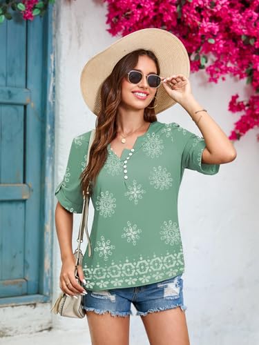 GUNEST Boho Tops for Women V Neck Short Sleeve Blouse Vintage Unique Floral Blouses Green S — view 4