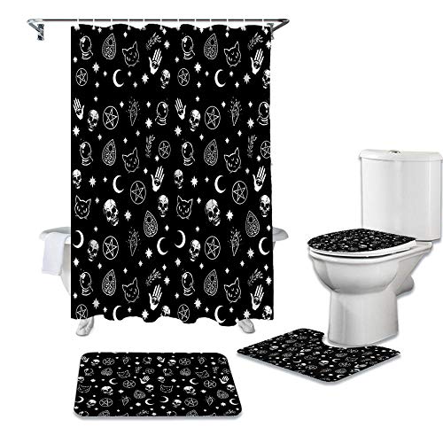 Zgdpbyf 4-Piece Bathroom Set Stars Black Witch Skull Moon Divination Gothic Shower Curtain Rug Set Non-Slip Bath Mat Toliet Cover Bathroom Shower Curtains-4-Piece_Set #TOP2