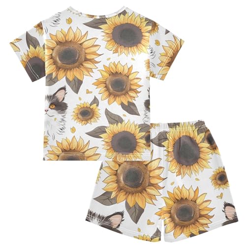 ALAZA Cat Sunflower Kitten Pajamas Short Sleeve 2 Piece Sleepwear Top and Bottom Pajama Set Unisex2