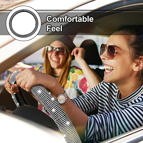 Bling Car Accessories Gorgeous 15 Inch Steering Wheel Cover With Bling Lgnition Ring Car Wheel Protector For Women Colorful Rhinestone Glitter Car Accessories For Vehicle (White) #TOP5