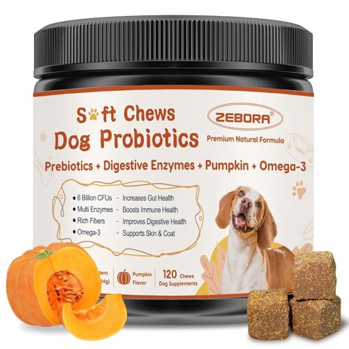 ZEBORA Probiotics for Dogs - Dog Probiotics, Pumpkin for Digestive & Gut Health, Digestive Enzymes & Prebiotic for Occasional Diarrhea, Support Immune, Skin & Allergies, 120 Soft Chews, Pumpkin Flavor