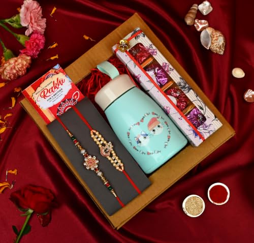 Image of Rakhi hamper for brother /rakhi set for brother /rakhi gift for brother-Set of 2 rakhi+Box of chocolates+Glass water bottle+rakhi greeting card