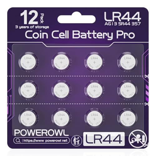 POWEROWL Pilas LR44 de 1,5 V de Larga Duración, Paquete de 12 | Pilas de Botón Alcalinas AG13 de Alta Capacidad, Equivalente a A76, 357, LR44H, SR44, para Relojes, Juguetes y Calculadoras