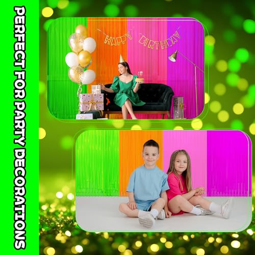 Image of 12 Pack Glow in The Dark Curtains Party Supplies 6.6 x 3.3 Ft Glow Tinsel Foil Fringe Curtains Colorful Photo Booth Prop Backdrop Streamer for Birthday Holiday Neon Party Decorations