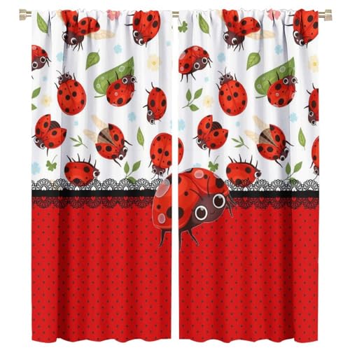 Brebasf Cute Cartoon Animal Ladybug Rod Pocket Blackout Curtains for Living Room,Noise Reduction Abstract Modern Art Spring Forest Green Leaf Ladybugs Bedroom Curtains,2 Panels 63