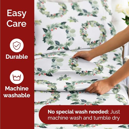 Full Christmas Holiday Wreath Sheet Set - Holiday Xmas Pattern Bedding Set - Deep Pockets - Snug Fit - 4 Piece - Wrinkle Free - Cooling Comfy Festive Winter Holiday Sheets for Women, Men, Kids & Teens