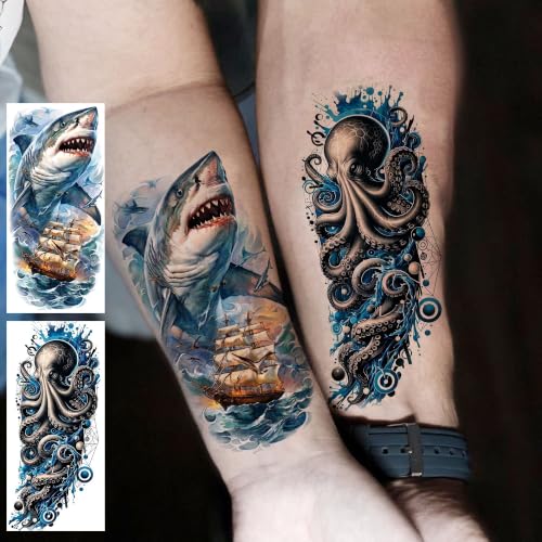 Image of VANTATY 12 Sheets Marine Life Ocean Animal Temporary Tattoos For Women Men Adults Forearm Tattoo Sticker, Realistic Watercolor Sea Whale Shark Turtle Fake Tattoos Hand Neck Body Art Temp Tatoos Makeup