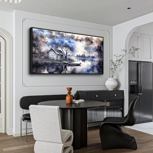 ERQINHUA Large Wall Art For Living Room Canvas Home Wall Decor For Office Bedroom Dining Room Wall Pictures Blue Tree Lakeside Landscape Painting Modern Art Print Beach Posters 24"x48" Black Frame