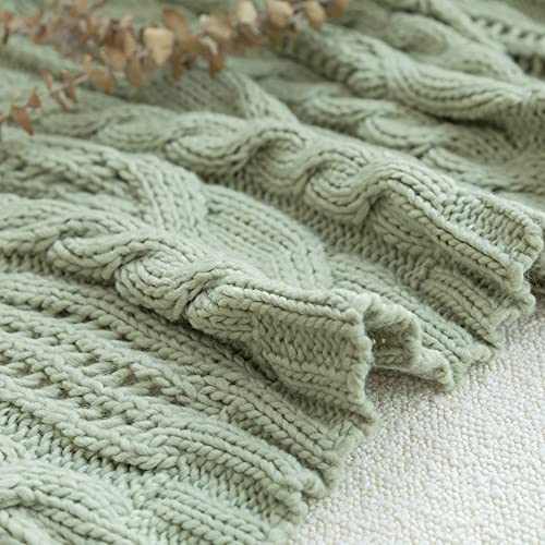 Amélie Home Sage Green Cable Knit Throw Blankets Soft Cozy Lightweight Knit Throw Blankets For Summer Chunky Wool Farmhouse Knitted Throw For Couch Sofa Bedroom 50 X 60 #TOP5