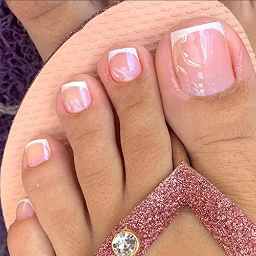 Rodaky 24Pcs French Tips Press On Toenails Short Square Toe Nails Tips Full Cover Glue On Toe Nails Summer Beach Toe Nails Acrylic False Toe Nails For Women And Girls (Pink French) #TOP4