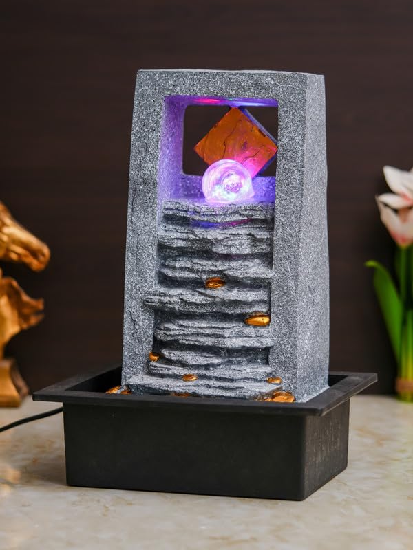 Image of Polyresin Rock Finish Table Top Indoor Waterfall Fountain for Home Decor with Yellow LED, Speed Controller Pump & Crystal Ball (Size: 40.5 x 29.5 x 22CM | Weight: 2240grm | Color: Grey)
