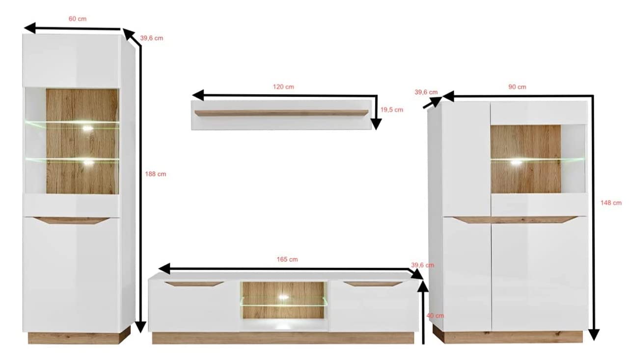 ABIKSMEBLE Meuble-Paroi Murale Fame - Ensemble de Meubles de Salon Moderne - Armoire Murale - Blanc Mat, Blanc Brillant, Chêne Artisan