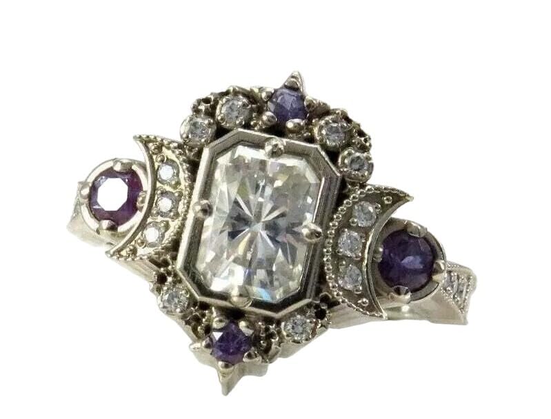 Art Deco Vintage Style Lab Created Diamond Moon Goddes 925 Silver Wedding Ring