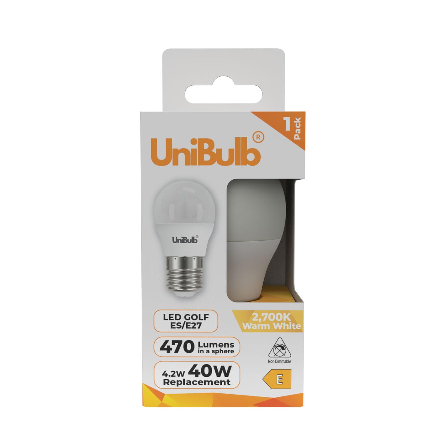 Unibulb E27 Edison Screw (ES) LED Golf Ball Light Bulb, 470 Lumens, 4.2W, 2700K Warm White, Replaces 40W, Non-Dimmable, 25yr Lifespan (1)
