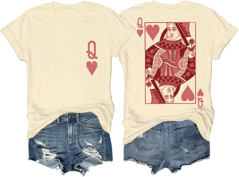 Heart Queen Women Playing Card Queen Valentine's Day Graphic T Shirts Casual Tops