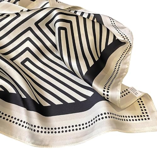 JERLA 100% Pure Mulberry Silk Square Scarf for Hair-26''x26'' Women Men Natural Silk Neckerchief Headscarf (Black and cream white geometry stripe)3