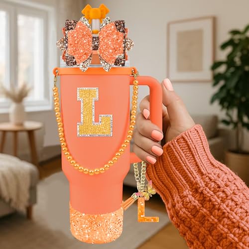 Hpebl 9PCS Orange for Stanley Cup Accessories Set Bling Initials Bow Charms for Stanley Decorations 30/40 Oz Tumbler Accessories Including Bow Straw Topper, Handle Strap, Spill Stopper(Letter L) - image 2