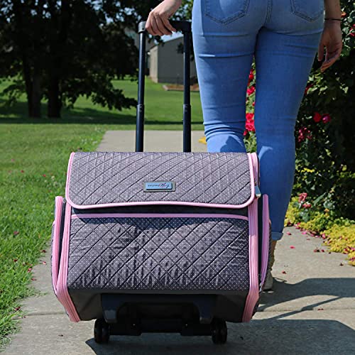 Everything Mary Deluxe Sewing Machine Storage Case, Pink & Grey- Rolling Trolley Carrying Bag With Wheels For Brother, Singer & Most Machines - Tote Organizer For Accessories #TOP1
