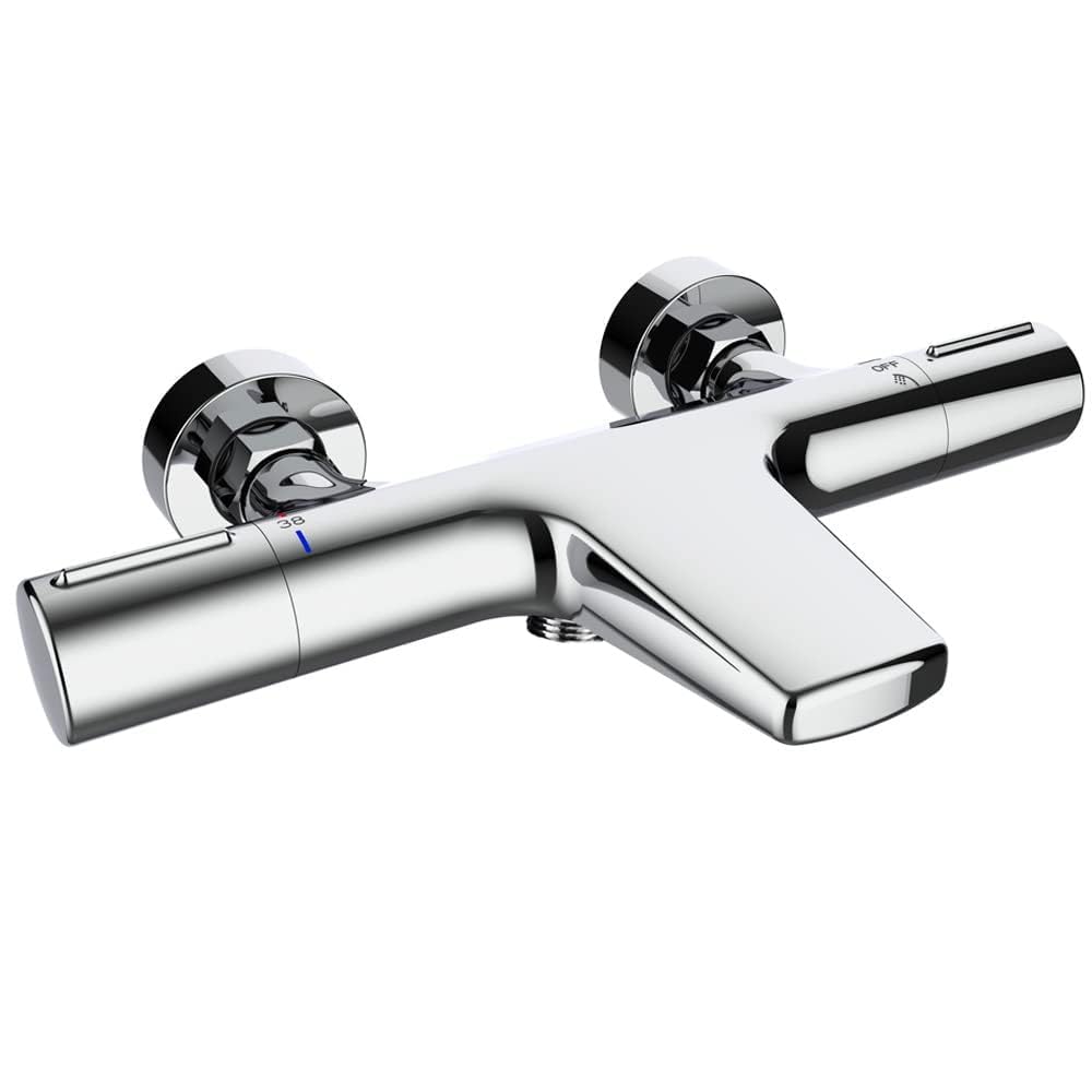 ONECE Grifo de Ducha Cascada, 38°C Grifería Termostática para Bañera y Ducha, Mezclador para Bañera de Latón, con Botón de Seguridad, Doble salida de agua, Cromo