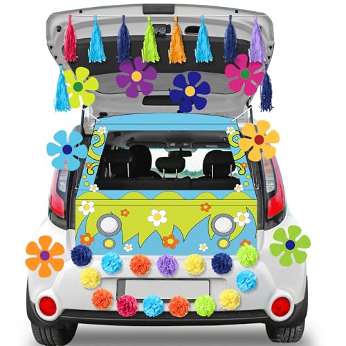 Breling 23 Pcs Halloween Trunk or Treat Car Decorations Kit Hippie Flower Cutouts Colorful Paper Tassels Flowers Banner Cartoon Dog Bus Photo Props for Halloween Suv Car Archway Garage Door Decoration
