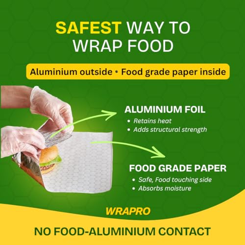Image of Foil Paper Wrapping Sheets | Food-Grade Aluminium Foil Paper Wrap Roti & Fresh Kitchen Food Essential | Honeycomb Insulation Keeps Food Warm | 2 in 1 Aluminium Foil and Paper for Food Wrapping